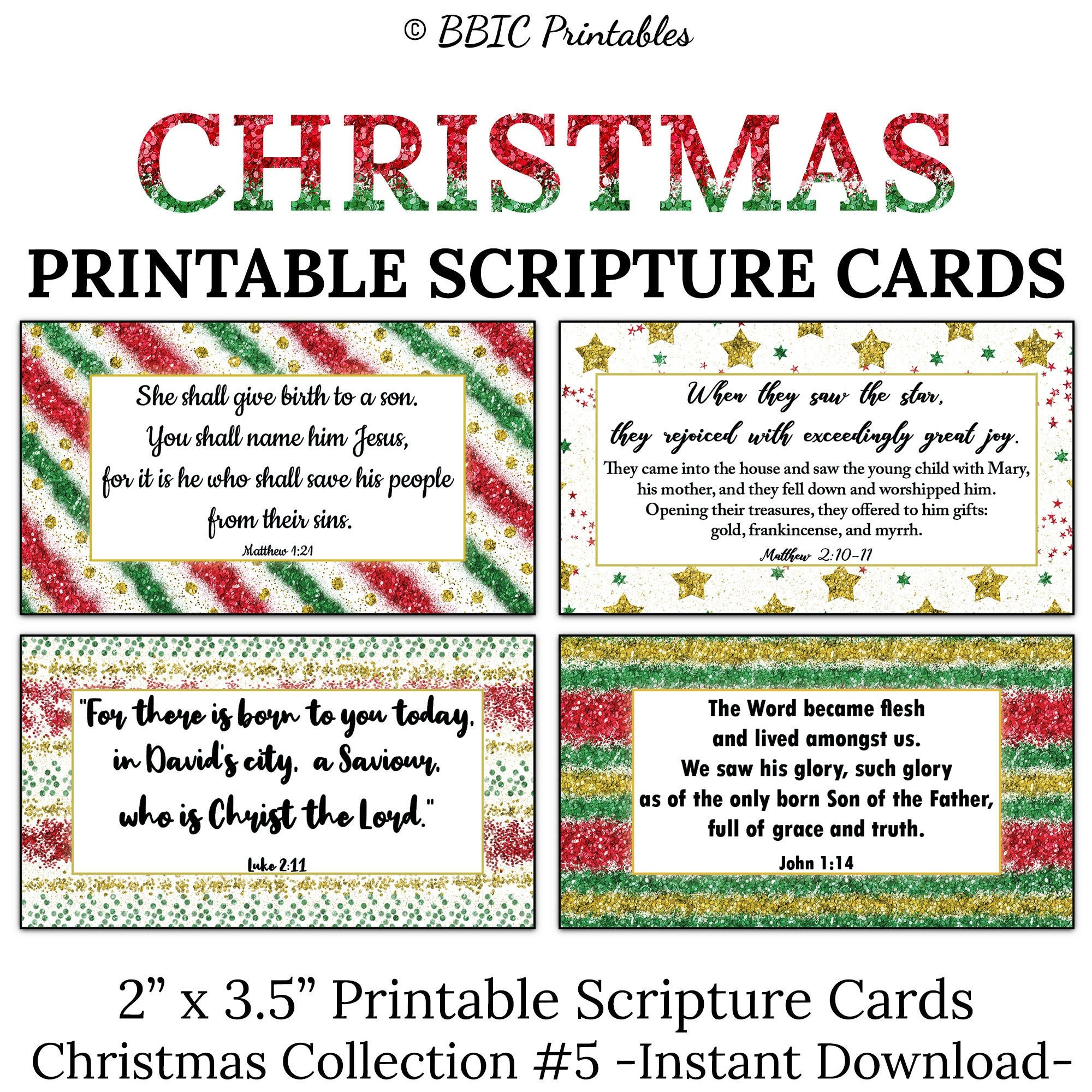 Christmas Scripture Cards -C5- Instant Download, Merry Christmas with Printable Christmas Card Verses