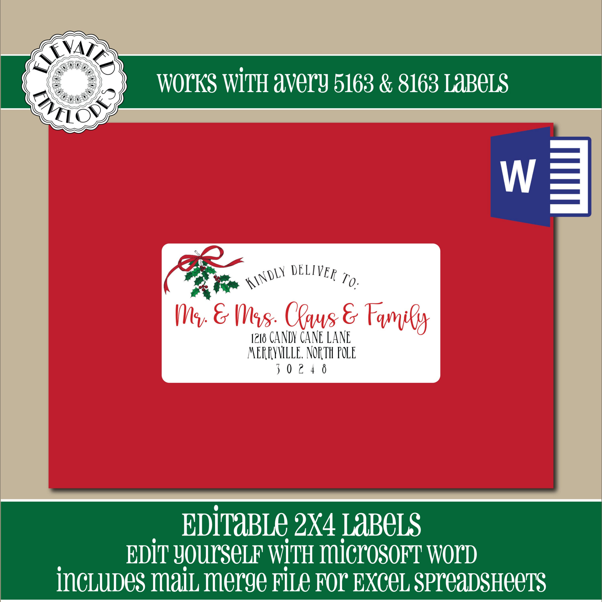 Editable Christmas Address Label Template,2X4 Address Label with Printable Christmas Card Labels For Envelopes