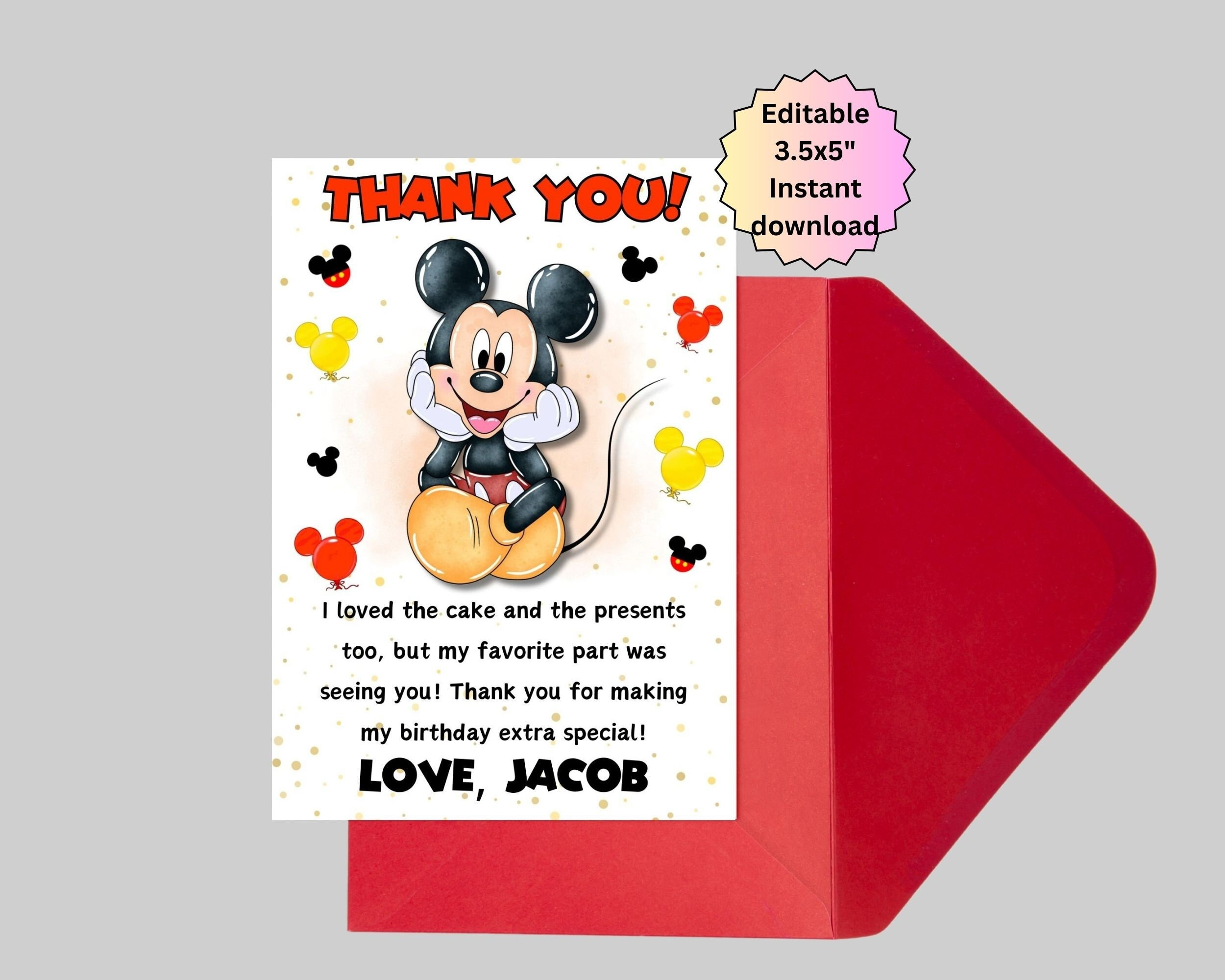 Editable Red Mickey Mouse Thank You Card, Thank You Cards, Thank for Mickey Mouse Thank You Photo Cards Printable