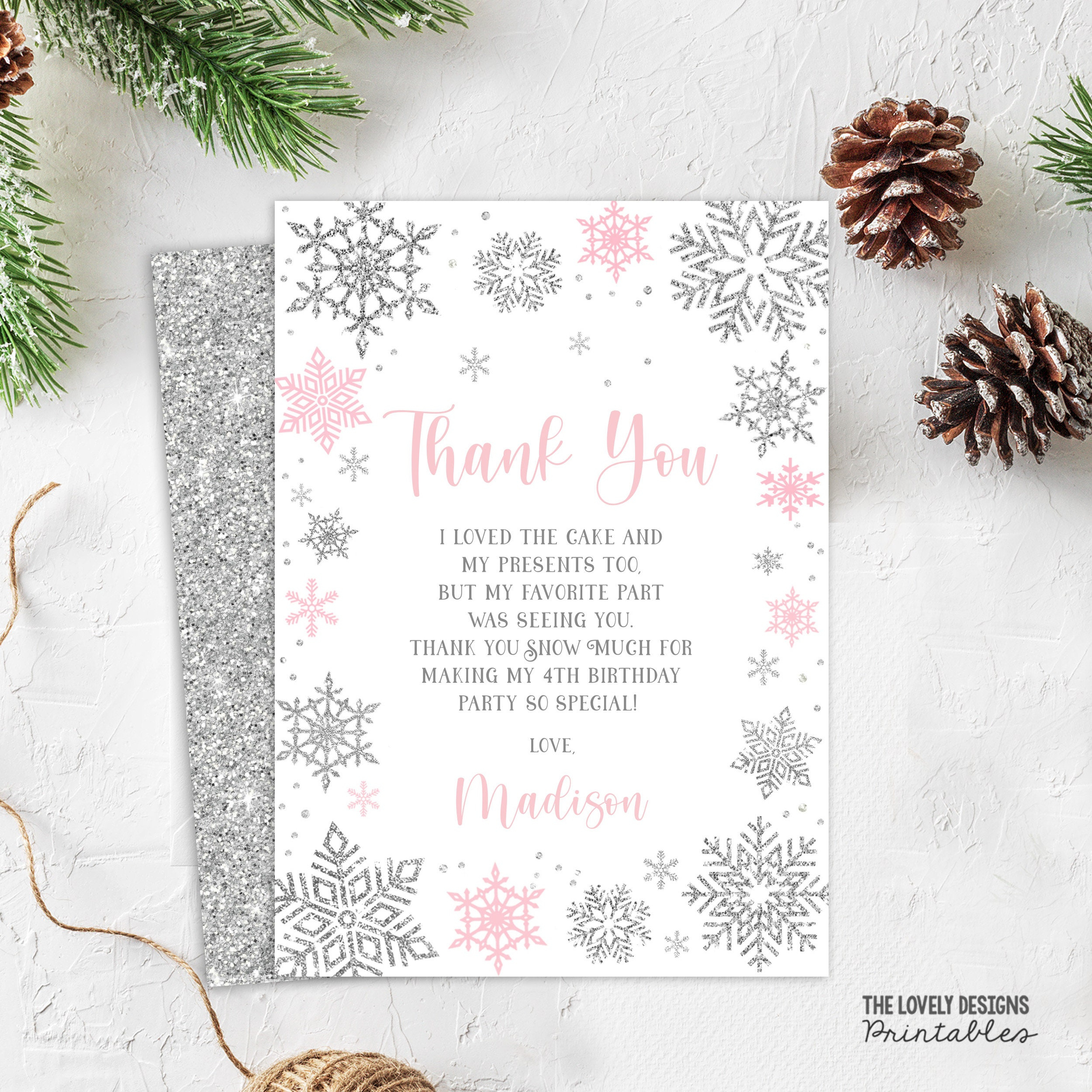 Editable Winter Thank You Card Winter Birthday Party Snowflakes within Winter Thank You Cards Printable