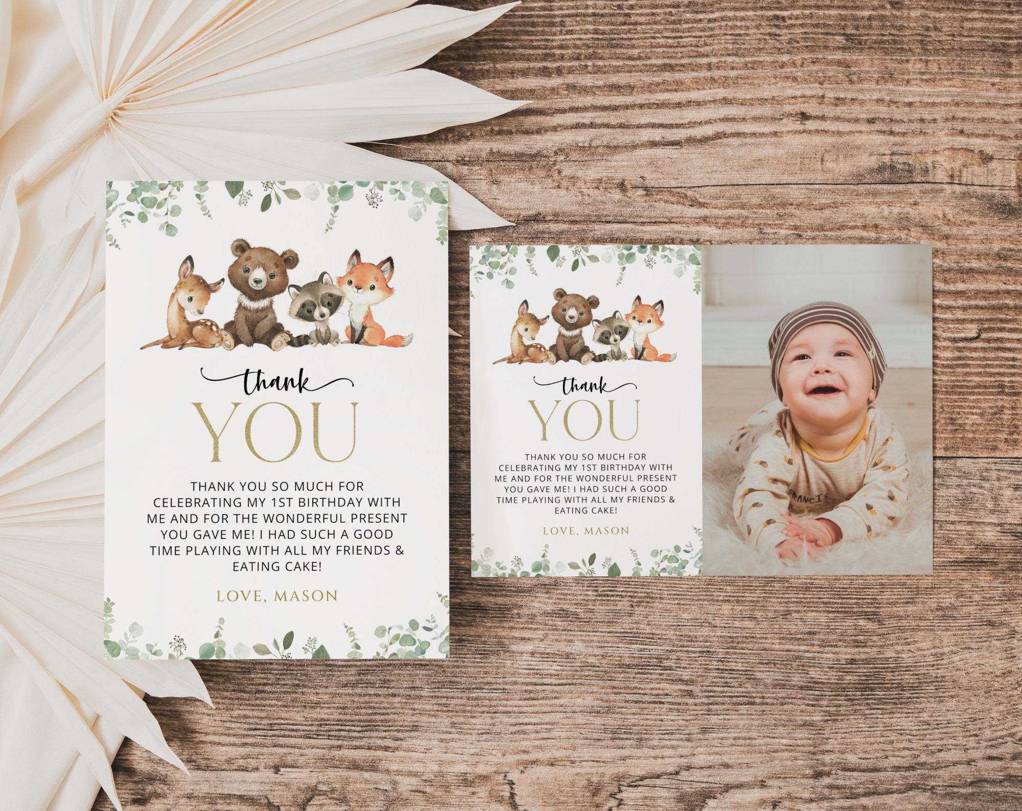Forest Animals Thank You Card, First Birthday, Printable File, Edit Yourself, Sh28 regarding First Birthday Thank You Cards Printable