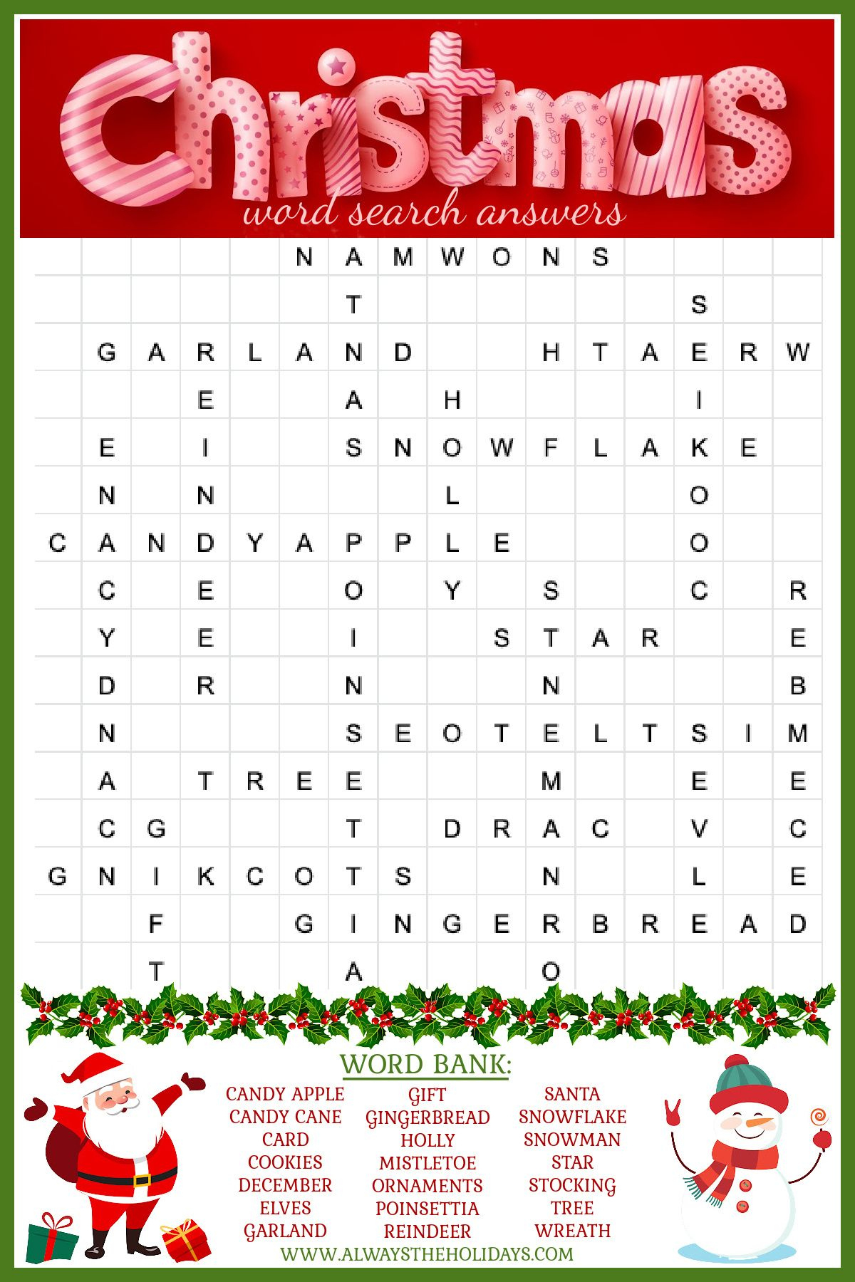 Free Christmas Word Search Printable - With Answer Key Included for Holiday Word Search Printable with Answers