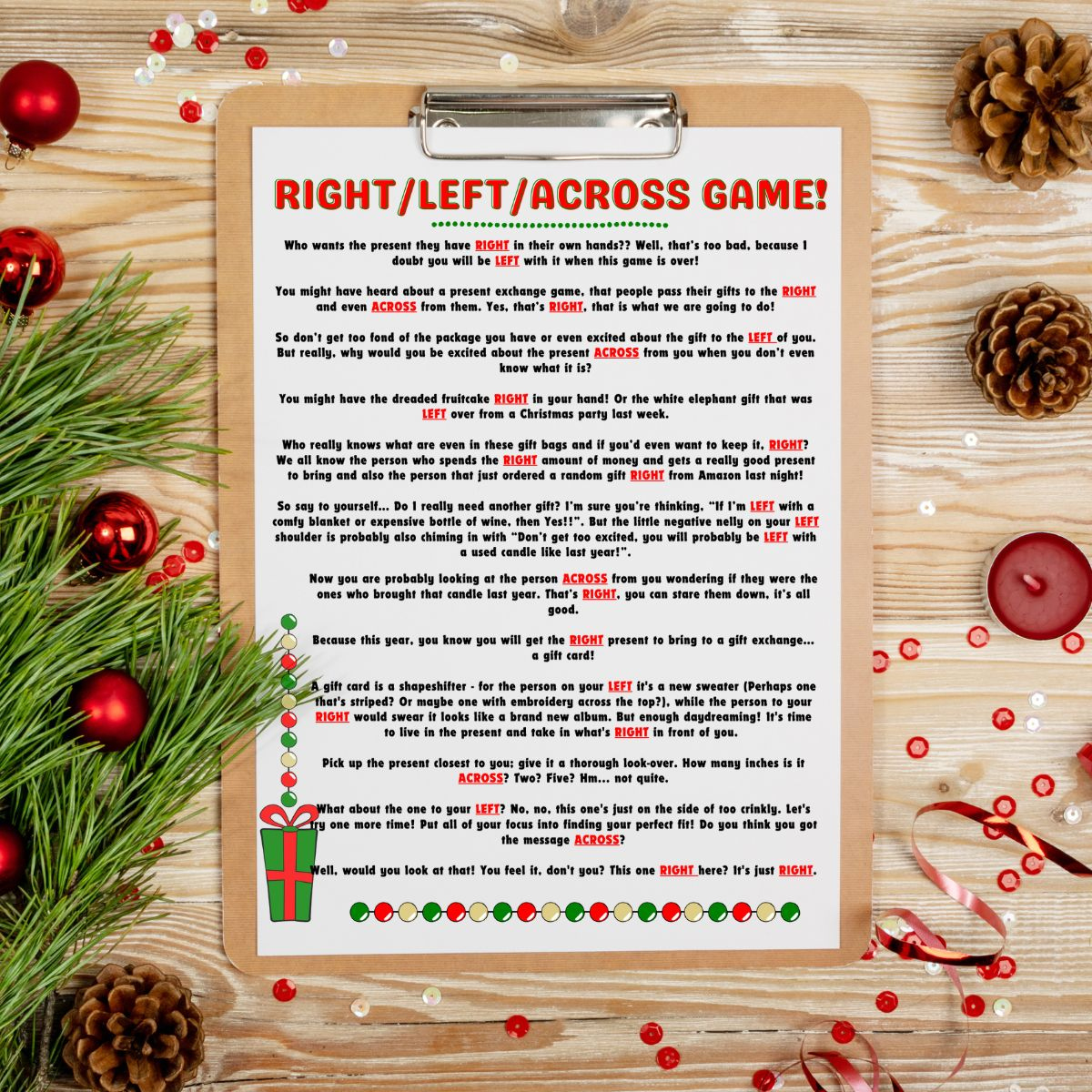 Free Left Right Across Christmas Game Printable (2 Options inside Free Left Right Christmas Game