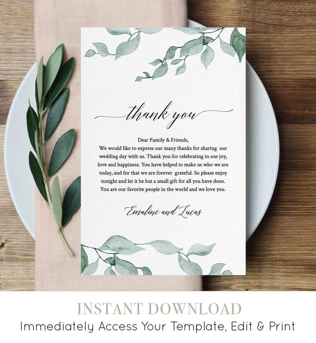Greenery Wedding Thank You Card, Printable In Lieu Of Favor Card in Wedding Party Thank You Cards Printable
