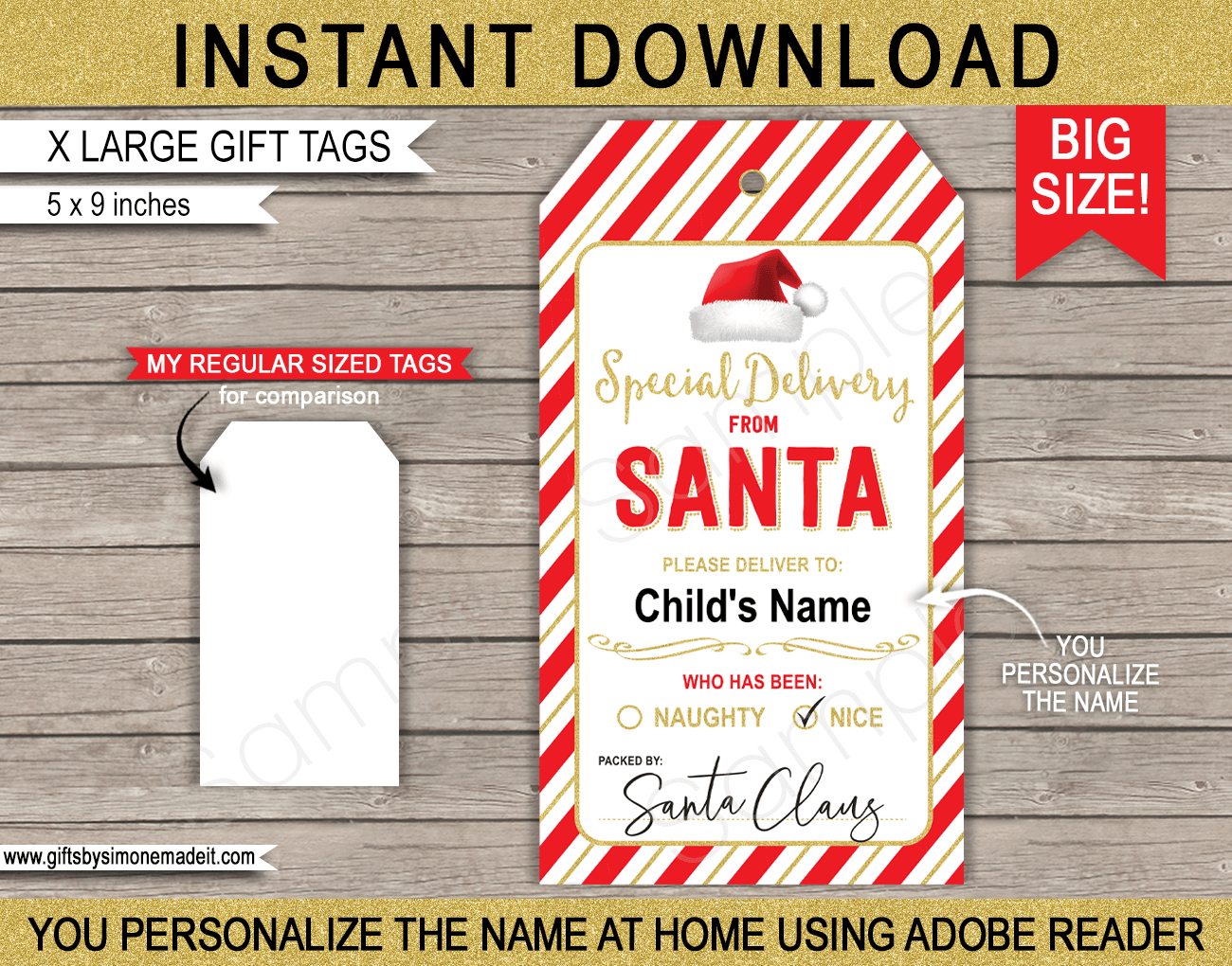 Large Santa Christmas Gift Tags - Red &amp;amp; Gold within Printable Large Christmas Tags
