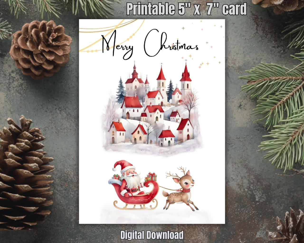 Merry Christmas Card: Printable 5X7 Pdf (Digital Download) with Christmas Card Paper Printable 5x7