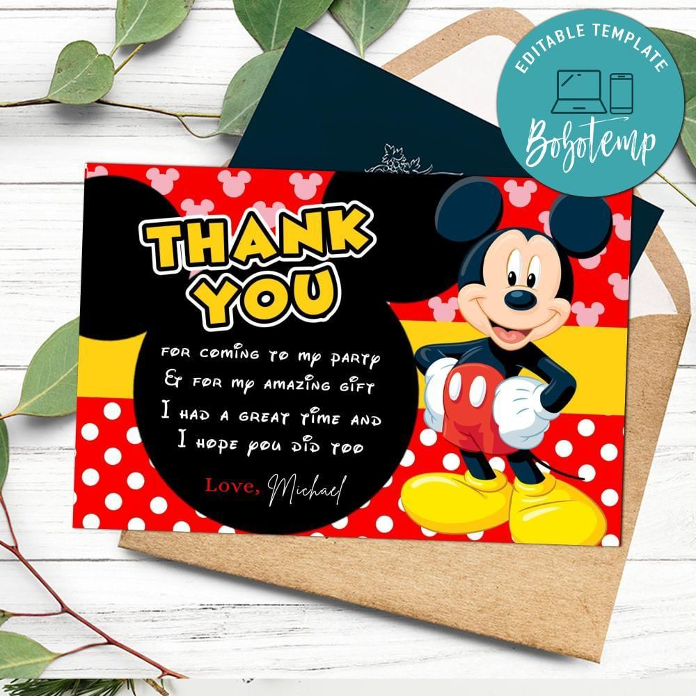 Mickey Mouse Thank You Card Customizable Template Diy | Bobotemp within Mickey Mouse Thank You Cards Printable