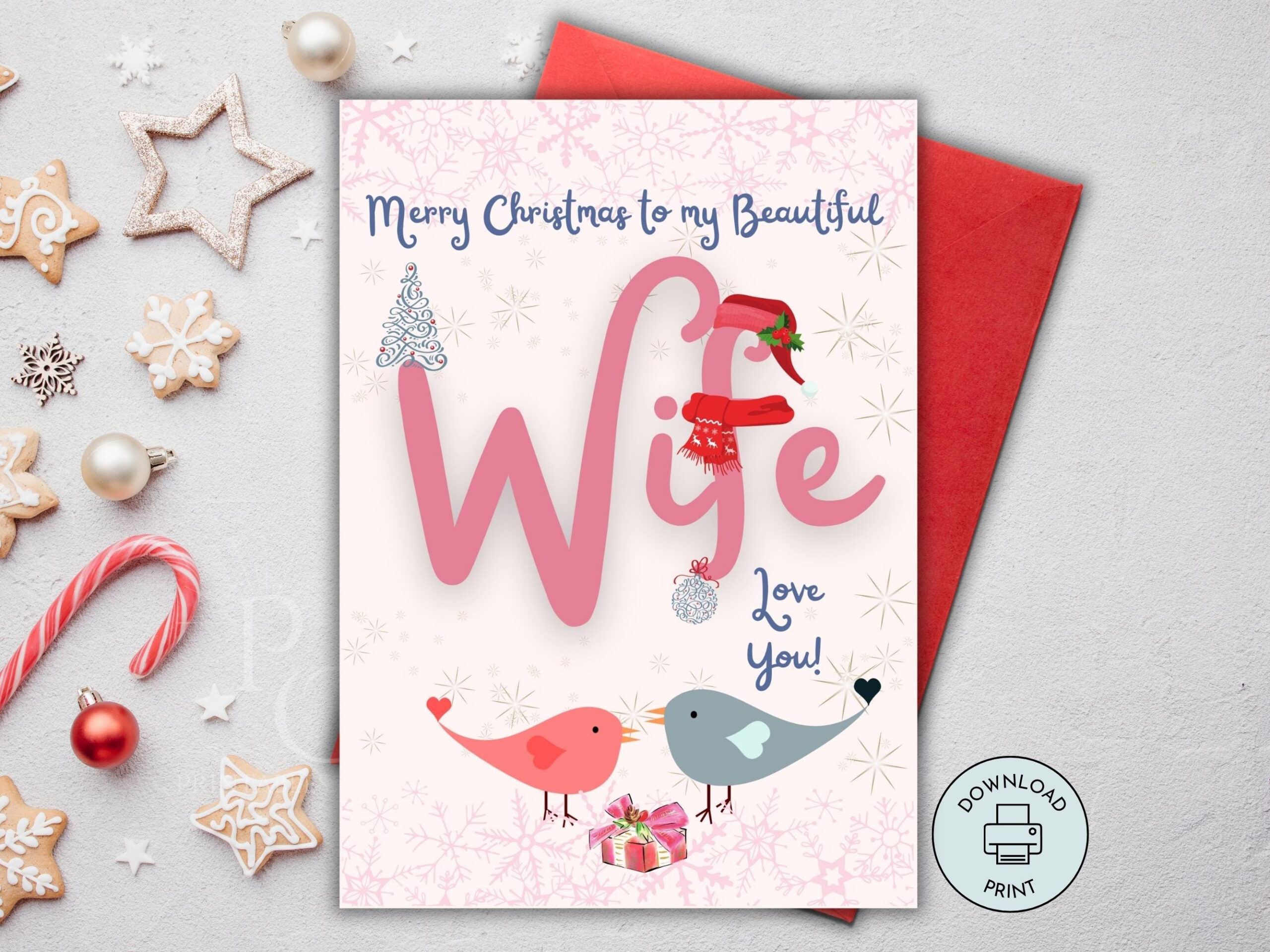 Printable Christmas Card For Wife, Merry Christmas Wife Card, Xmas inside Printable Christmas Card For Wife