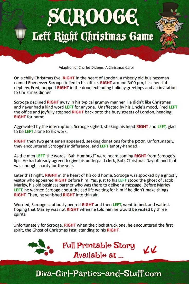 Printable Left Right Christmas Game Story Of Scrooge in Short Left Right Christmas Game Printable