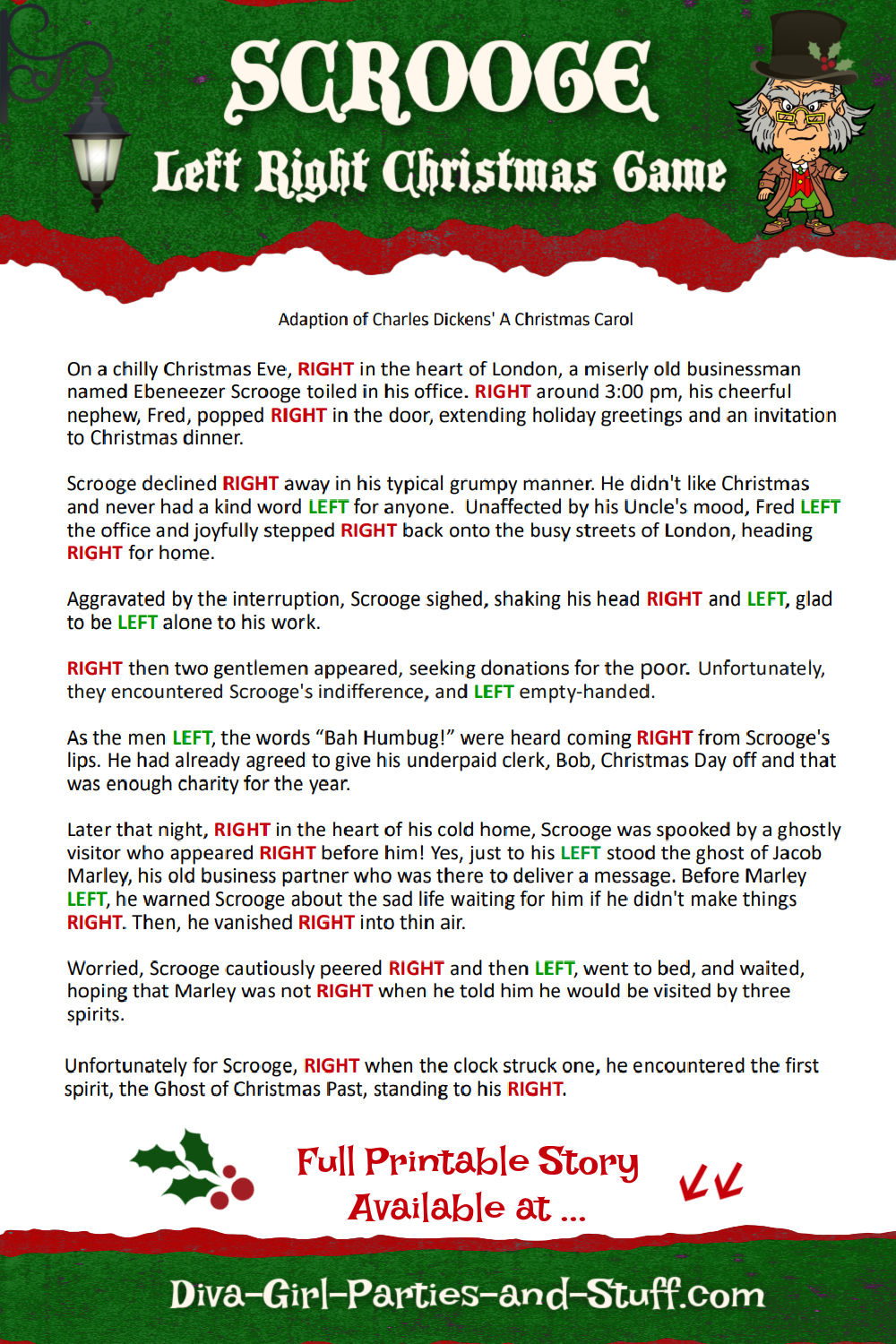 Printable Left Right Christmas Game Story Of Scrooge throughout Free Printable Left Right Christmas Game For Adults