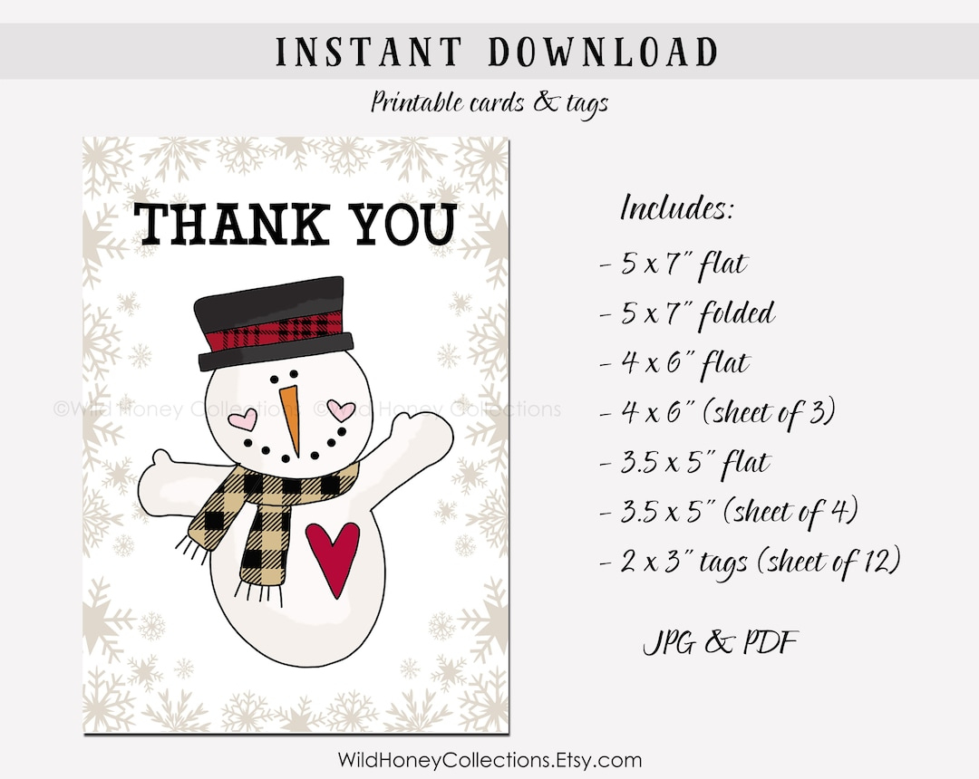 Printable Snowman Thank You Card &amp;amp; Tags: Winter Design (Digital throughout Winter Thank You Cards Printable