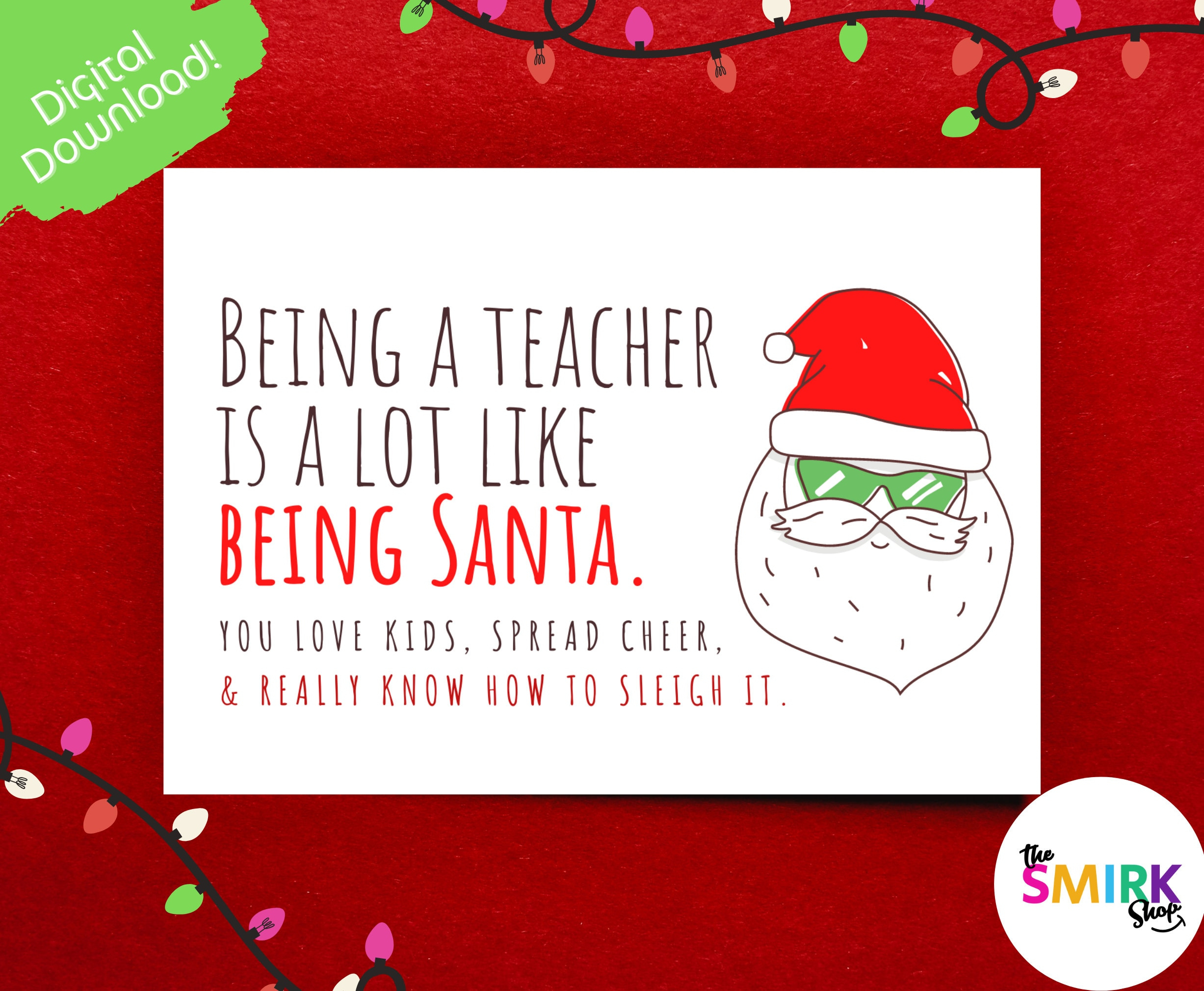 Printable Teacher Christmas Card: Santa Design (Digital Download in Printable Christmas Card For Teacher