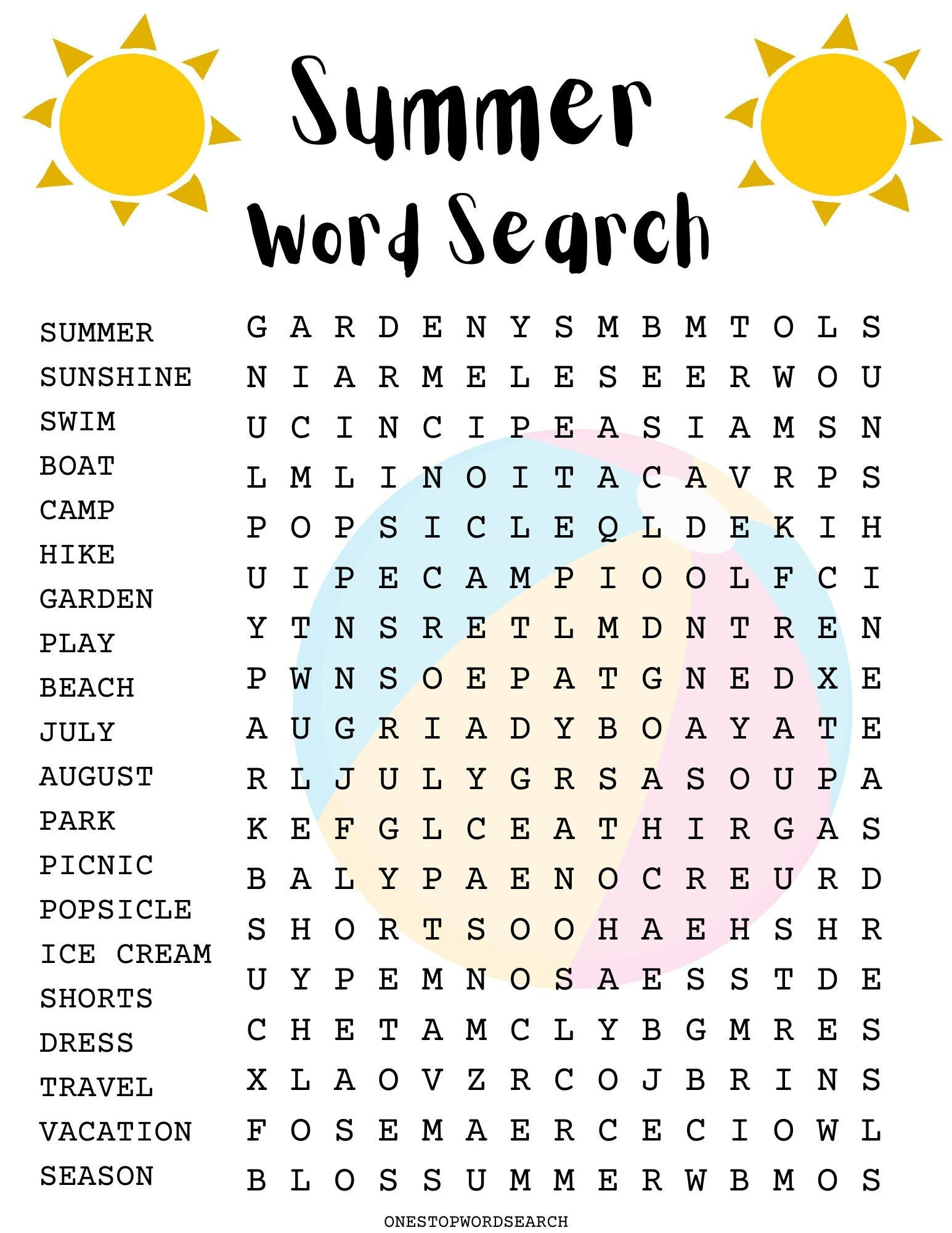 Summer Word Search Puzzle With Answer Sheet| Seasonal Games with Summer Holiday Word Search Printable