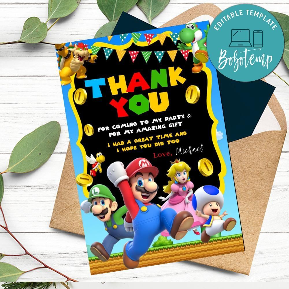 Super Mario Thank You Card Customizable Template Diy | Bobotemp inside Mario Thank You Cards Printable