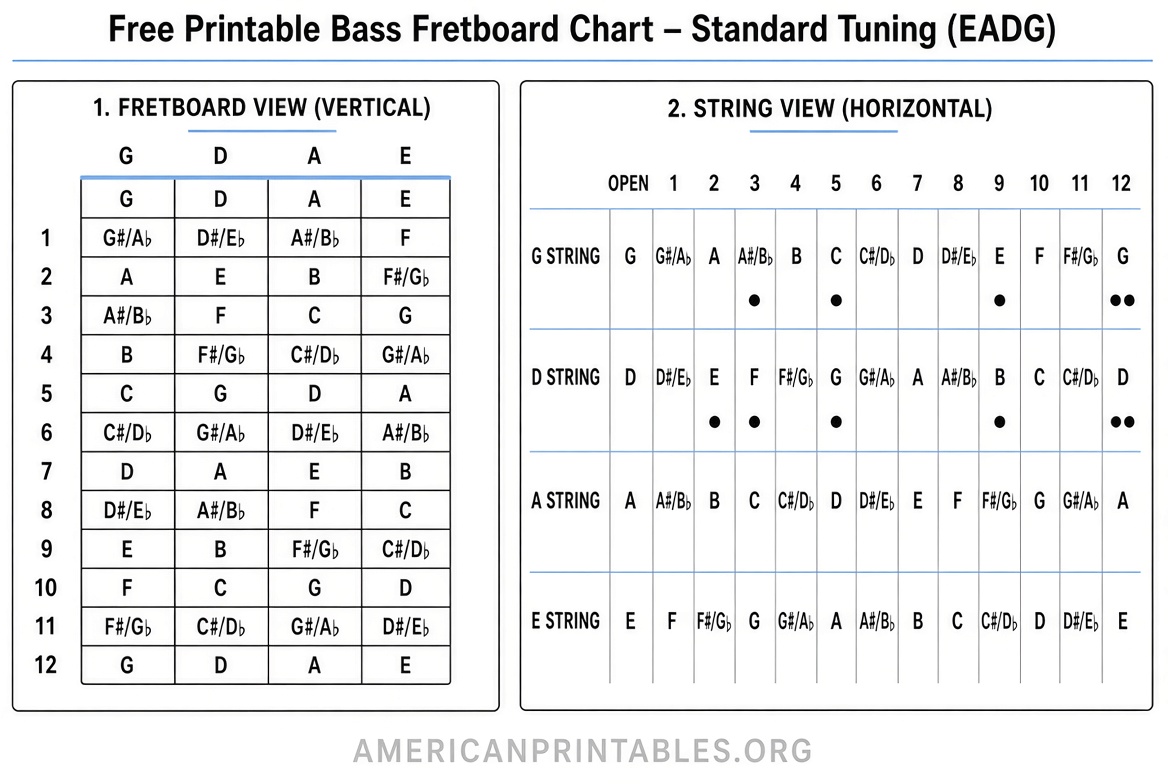 Free Printable Bass Guitar Fretboard Chart PDF (2)