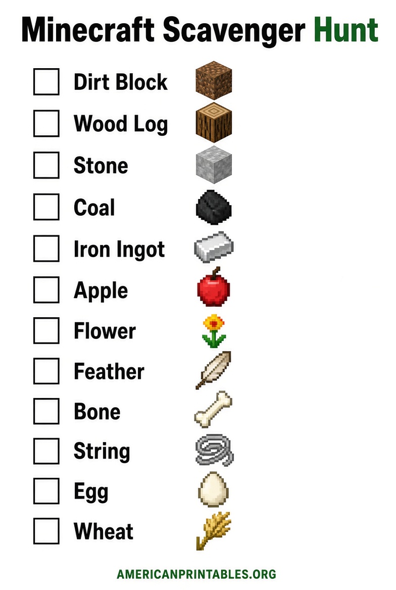 Free Printable Minecraft Scavenger Hunt for Kids (1)