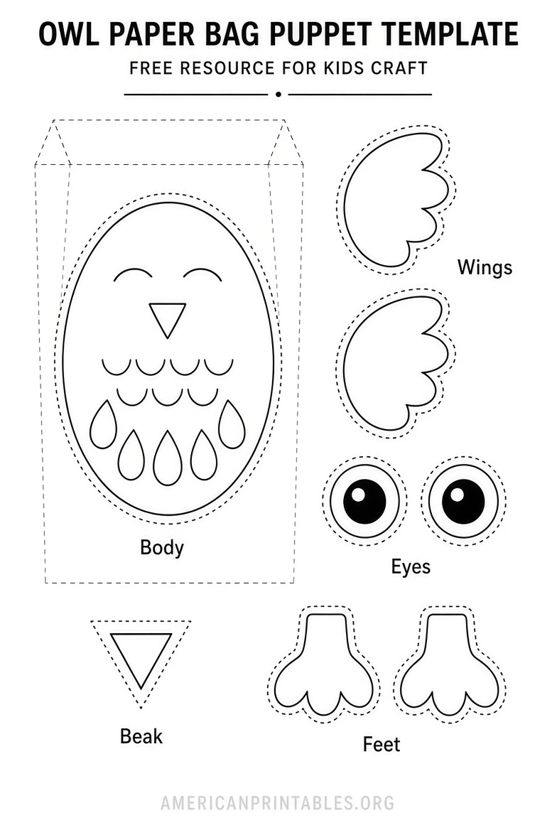 Free Printable Owl Paper Bag Puppet Template (1)