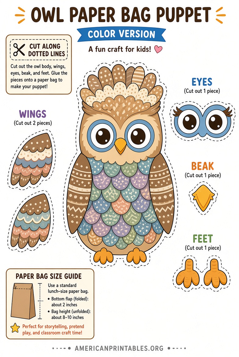 Free Printable Owl Paper Bag Puppet Template (2)