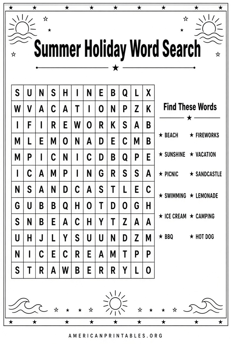 Free Summer Holiday Word Search Printables (1)