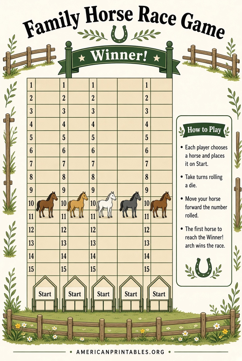Free Printable Horse Race Game Board PDF Template (1)