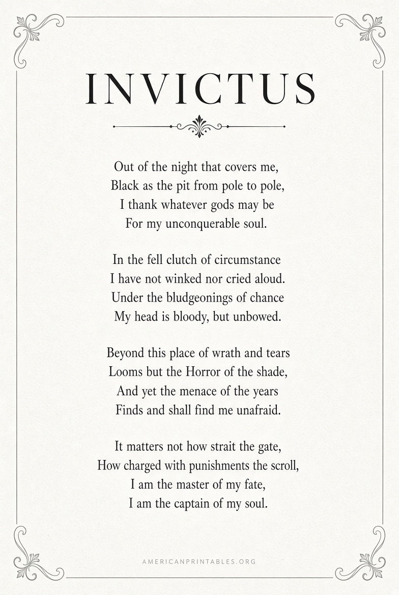 Free Printable Invictus Poem Version (1)