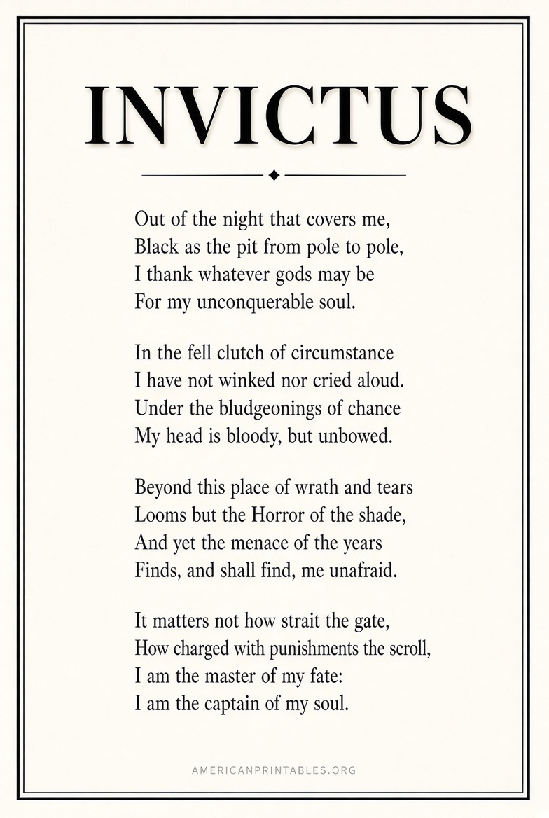 Free Printable Invictus Poem Version (3)