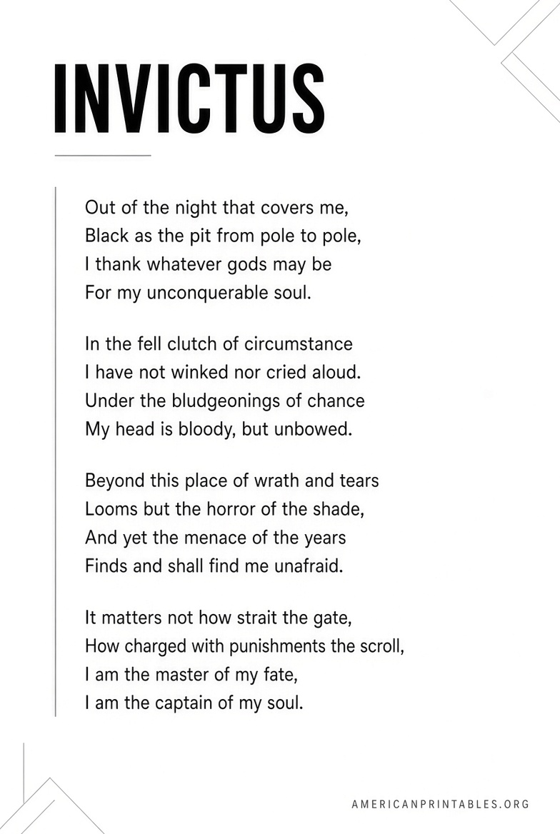 Free Printable Invictus Poem Version (4)