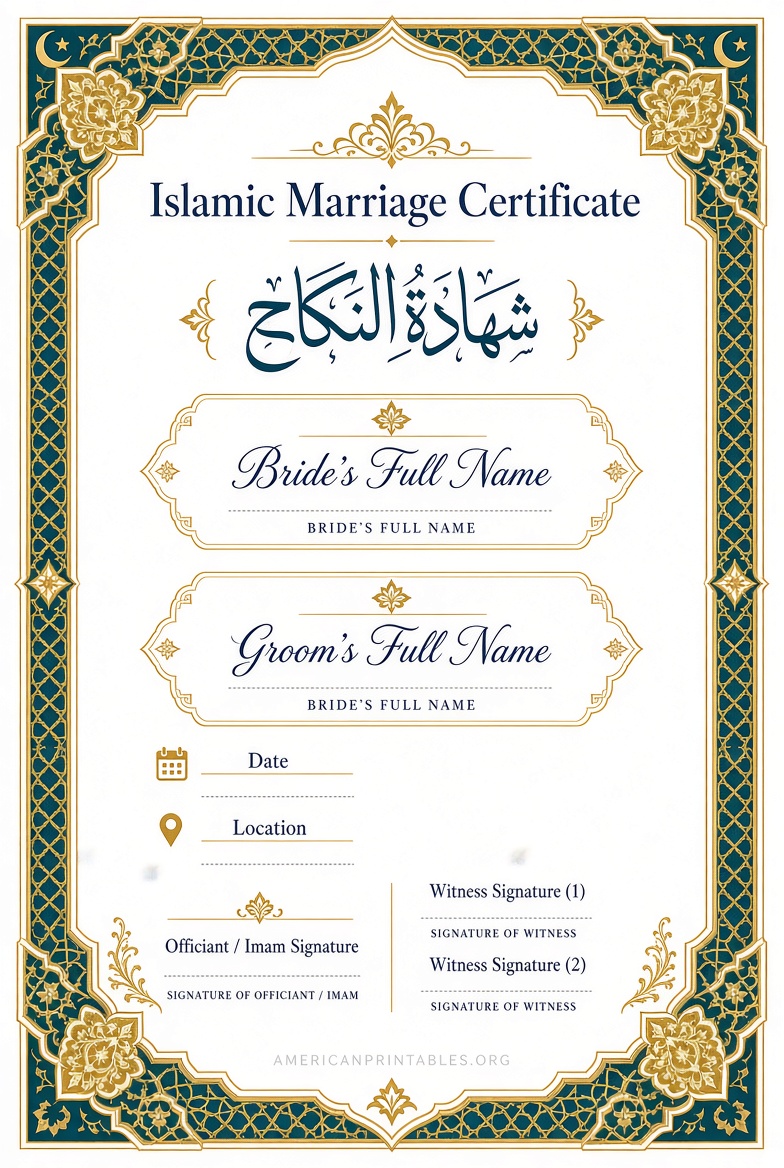 Free Printable Islamic Marriage Certificate (USA) (1)