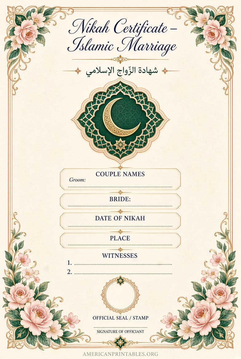 Free Printable Islamic Marriage Certificate (USA) (2)