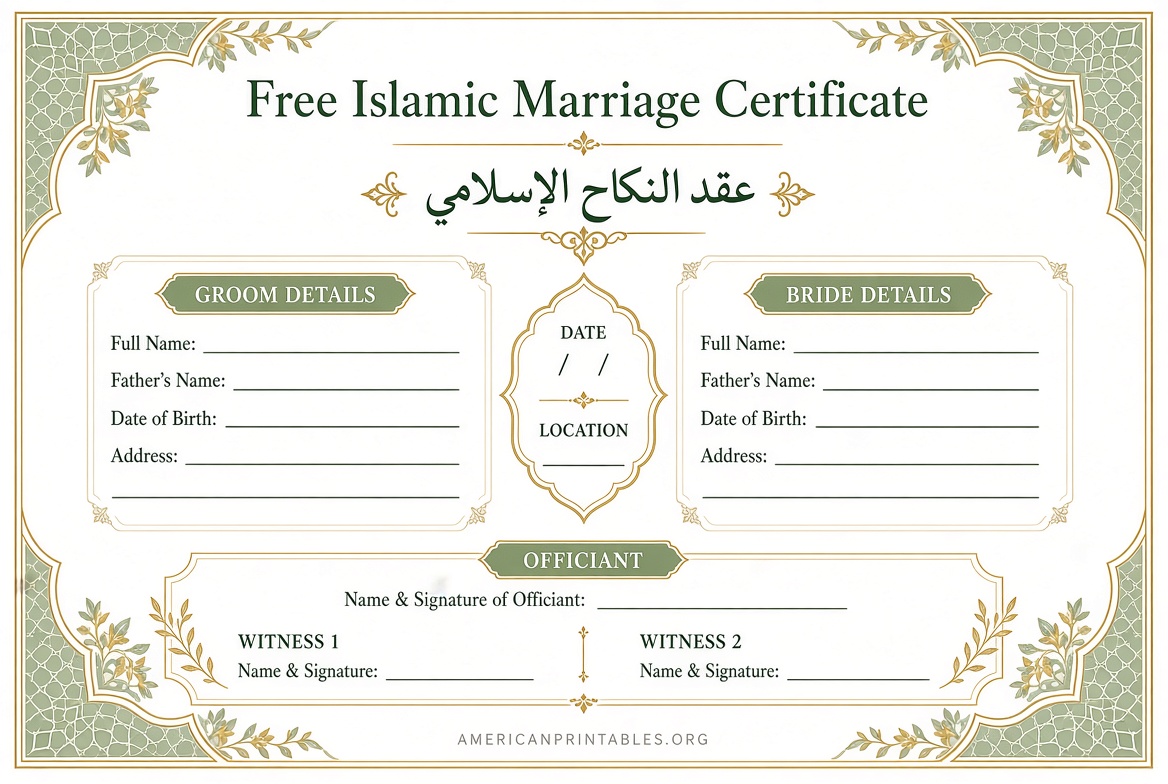Free Printable Islamic Marriage Certificate (USA) (3)