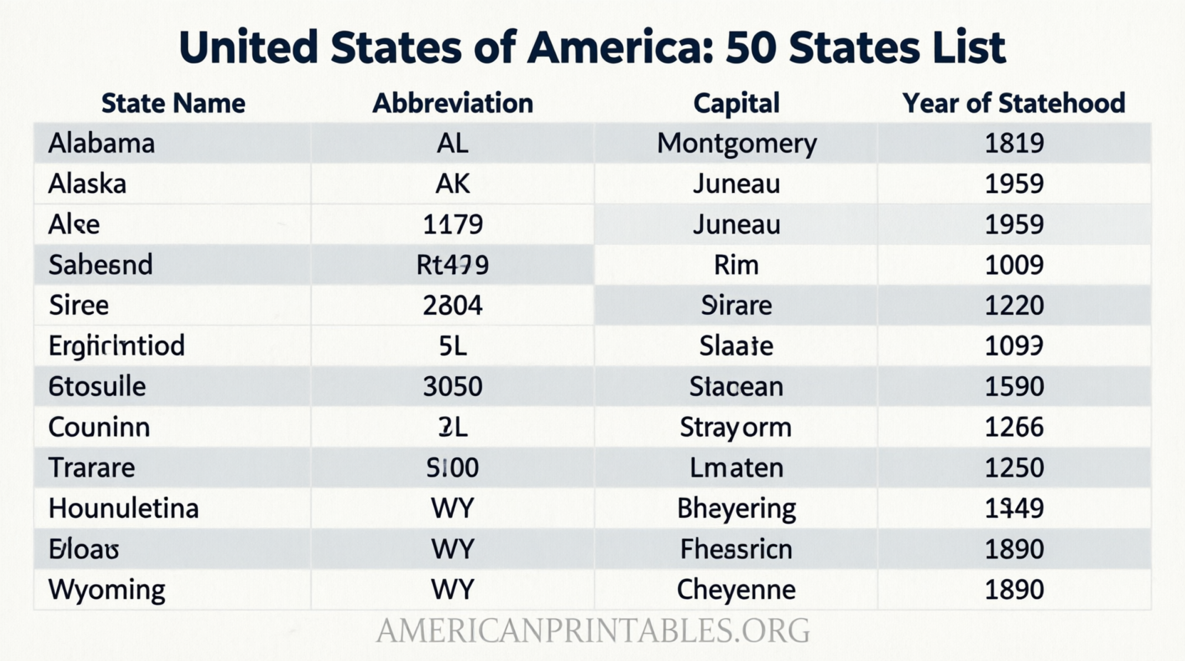 Free Printable List of 50 States PDF (2)