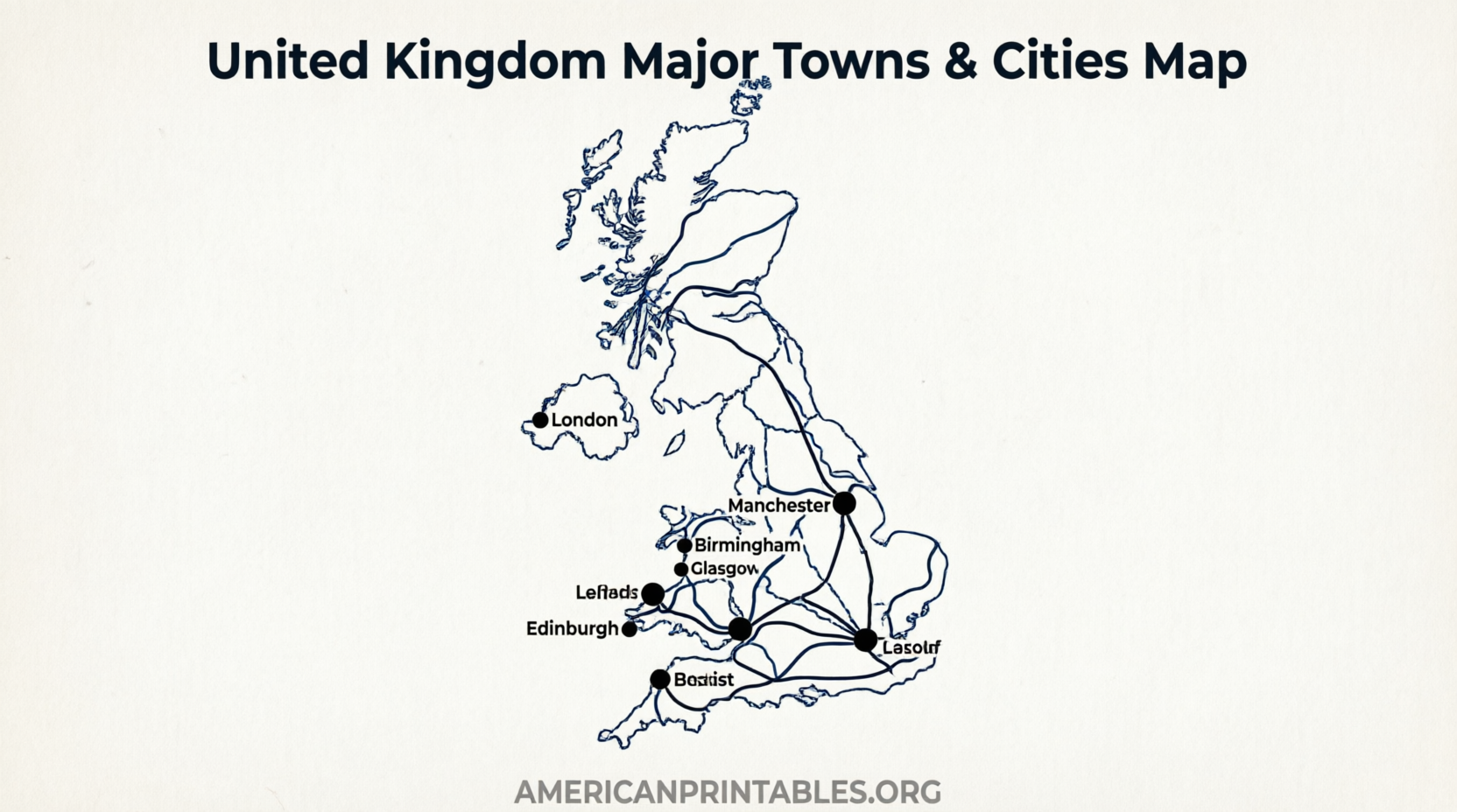 Free Printable Map of UK Towns and Cities (2)
