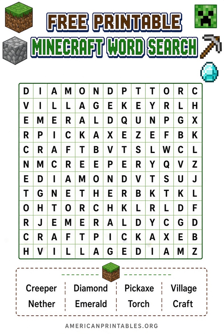 Free Printable Minecraft Word Search (1)