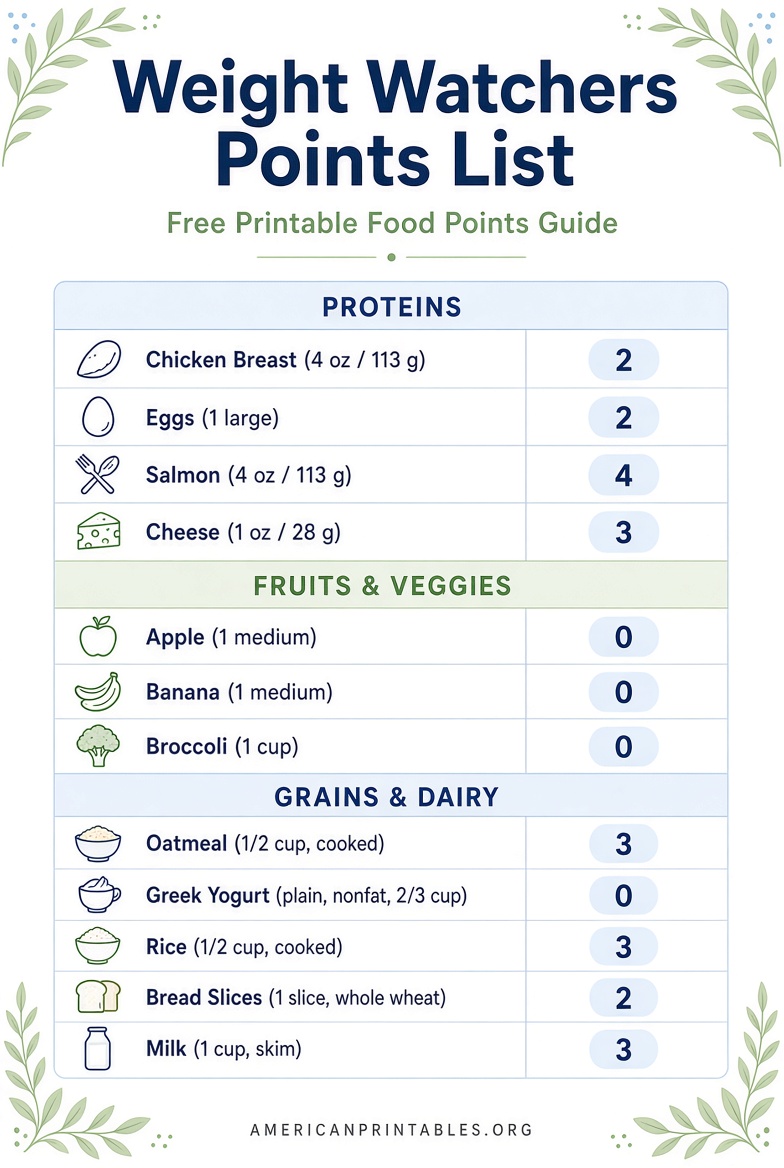 Free Weight Watchers Points List Printable (2026)