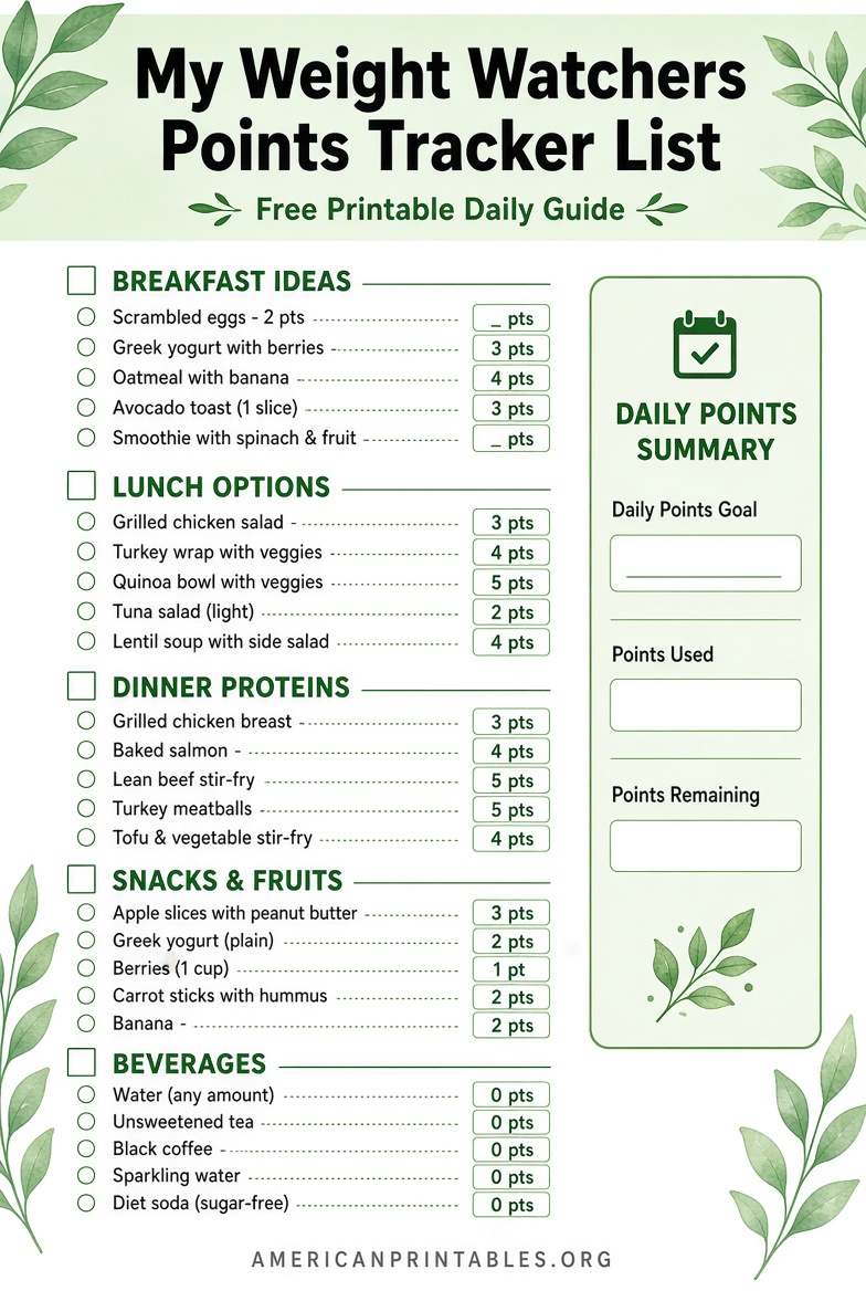 Free Weight Watchers Points List Printable (2027)